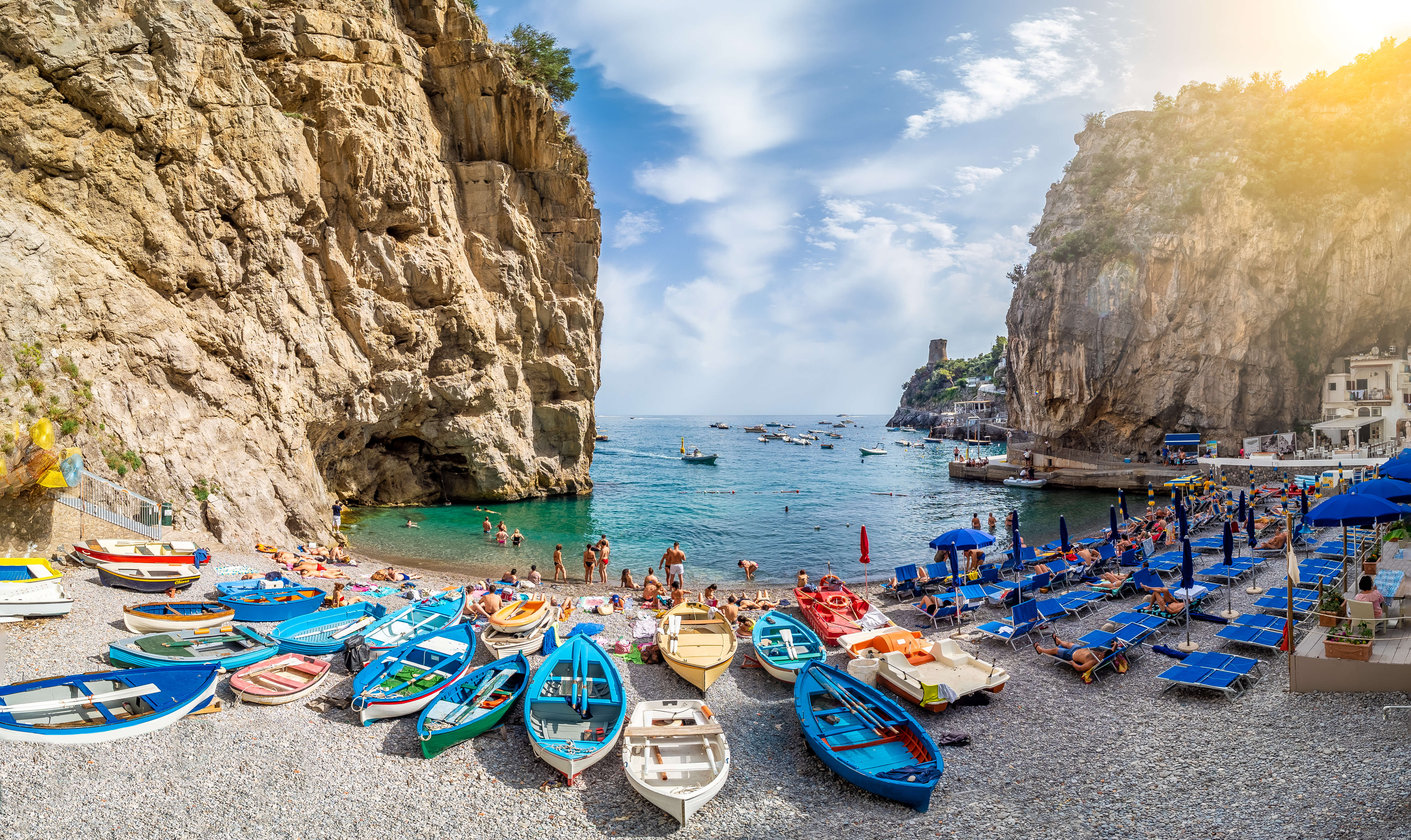 Amalfi, Italy - June 23, 2019: Landscape with amazing Marina di Praia beach at famous amalfi coast, Italy